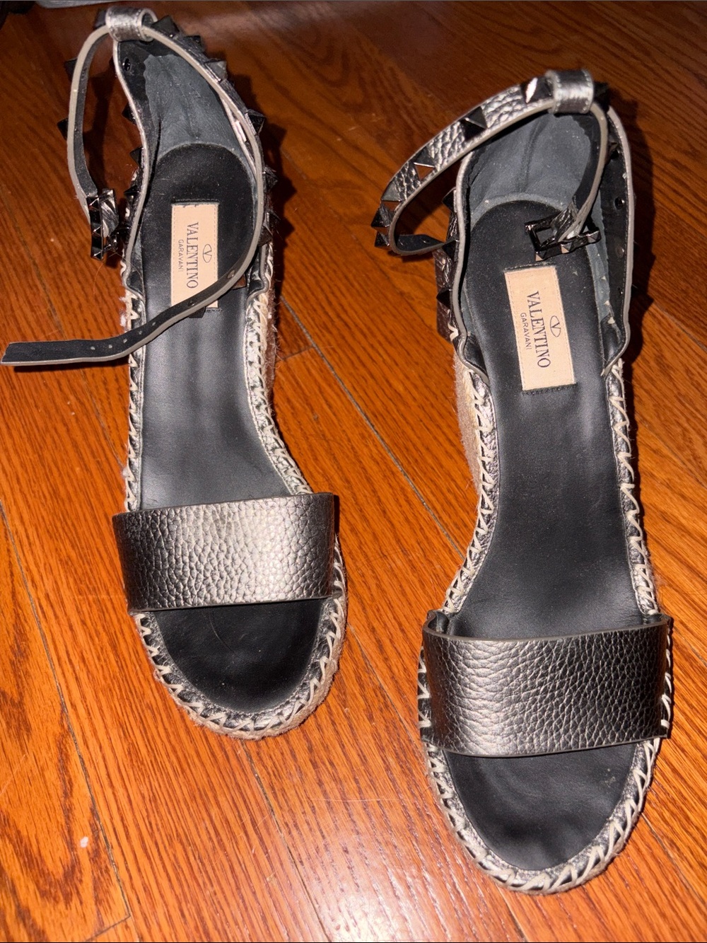 Valentino Metallic Black Rockstud Espadrille Sandals with Ankle Strap